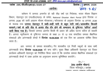 देहरादून जिले में मंगलवार को सभी स्कूलों और आंगनबाड़ी केंद्रों में छुट्टी