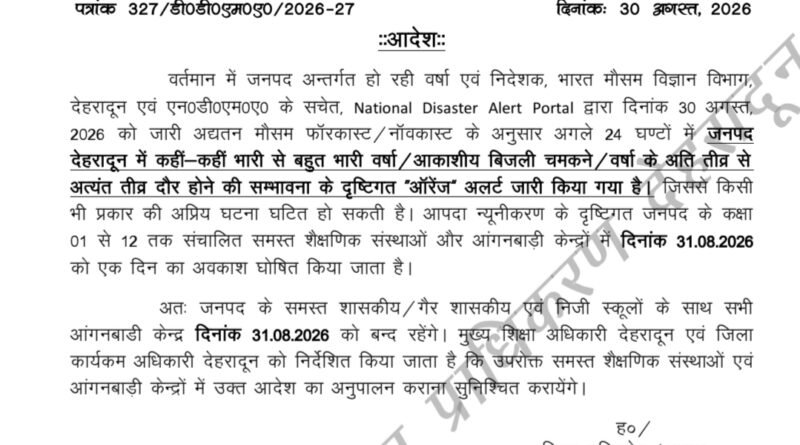देहरादून जिले में सोमवार को सभी स्कूल और आंगनबाड़ी केंद्रों में छुट्टी घोषित