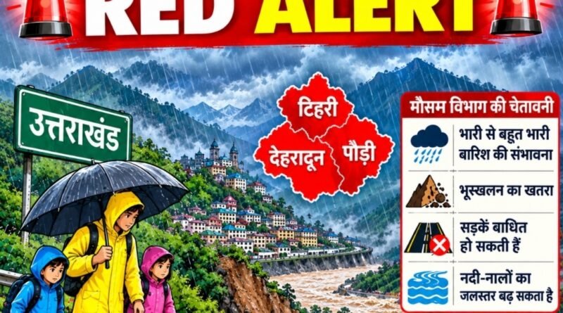 देहरादून-टिहरी और पौड़ी के लिए ‘रेड’ अलर्ट जारी, कुमाऊं मंडल में हुई भारी से बहुत भारी बारिश, गढ़वाल मंडल भी तर-ब-तर